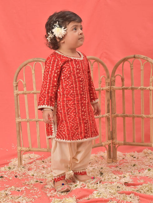 Girl's Red Bandhni Print Kurta And Patiala Set